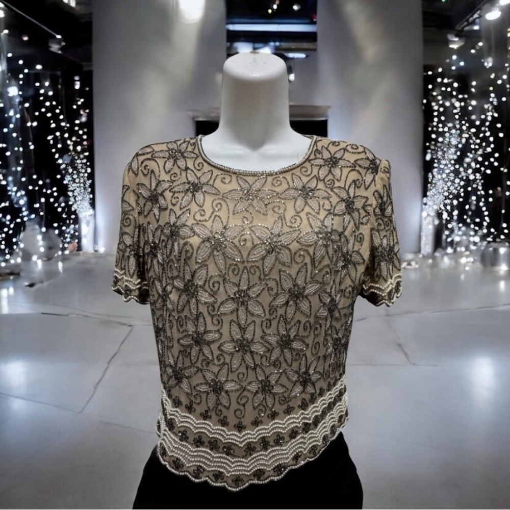 Adrianna Papell Cream Floral Embroidered beaded silk Blouse top size 8